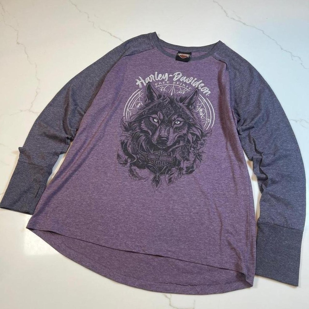 Harley Davidson Purple Wolf Raglan Shirt Indianapolis Southside Thumbhole